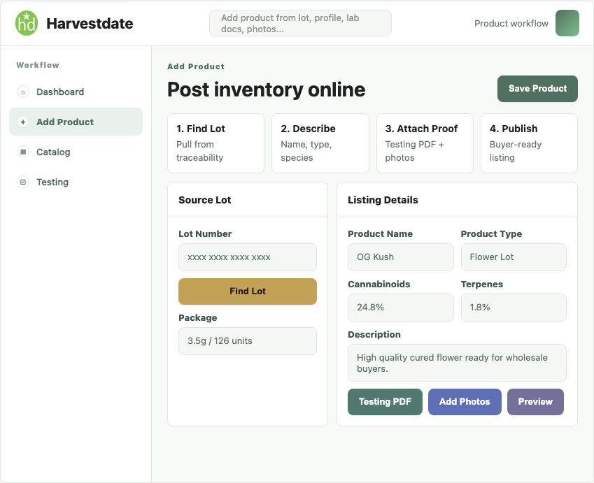 Harvestdate add product workflow