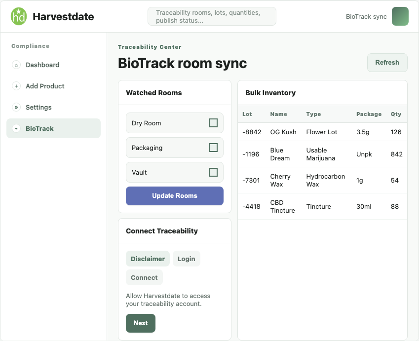 Harvestdate BioTrack room sync screen