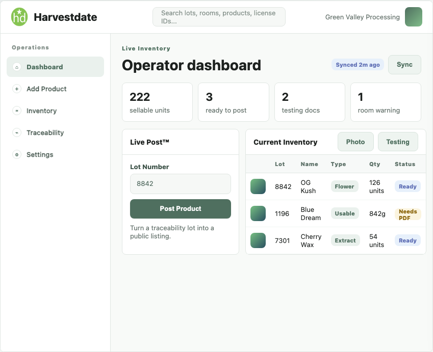 Harvestdate operator dashboard