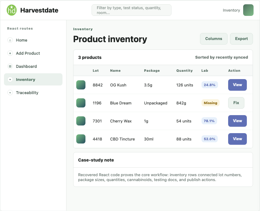 Harvestdate product inventory table